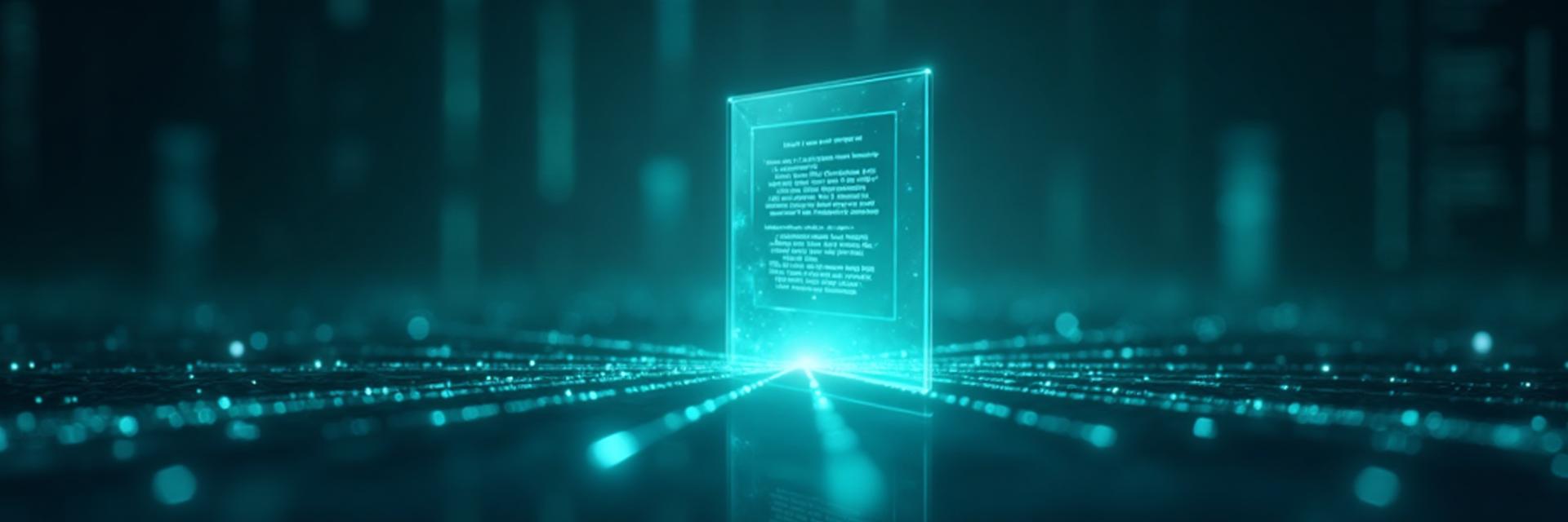 Glowing transparent holographic display revealing AI prompt code, symbolizing openness and transparency in AI development