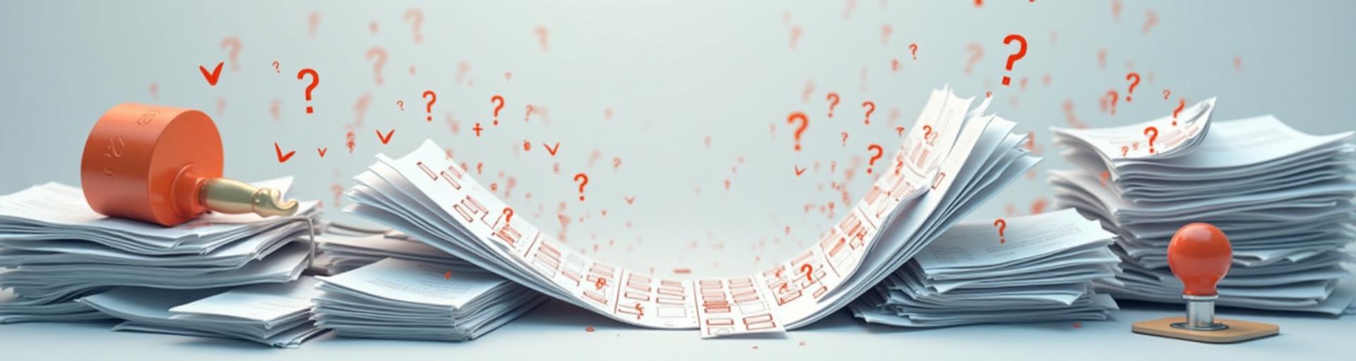 Visualization of broken security questionnaire process with scattered checkboxes and paper forms in chaos