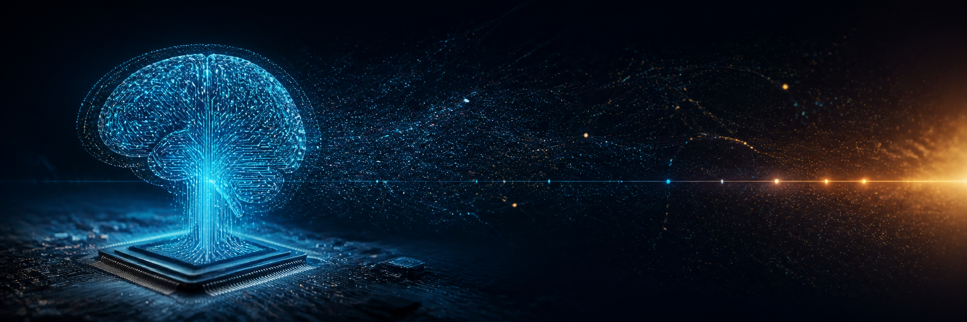 Cinematic hero illustration: a luminous cyan neural brain built from circuit traces rises from an endpoint laptop chip, with a horizontal timeline of glowing data points marking the eras of DLP fading into amber light on the horizon.