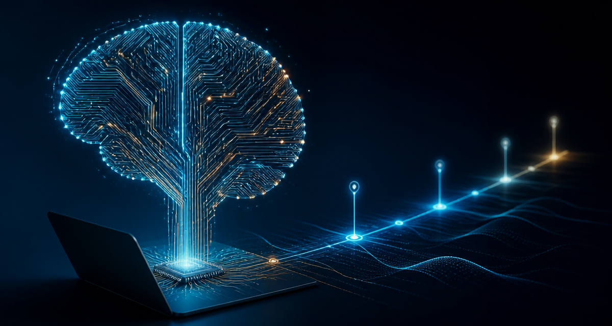 Card thumbnail for 'Why Now: DLP Finally Got a Brain' – a glowing circuit-trace brain emerging from a laptop chip against a deep navy background, with a fading amber timeline of DLP milestones.